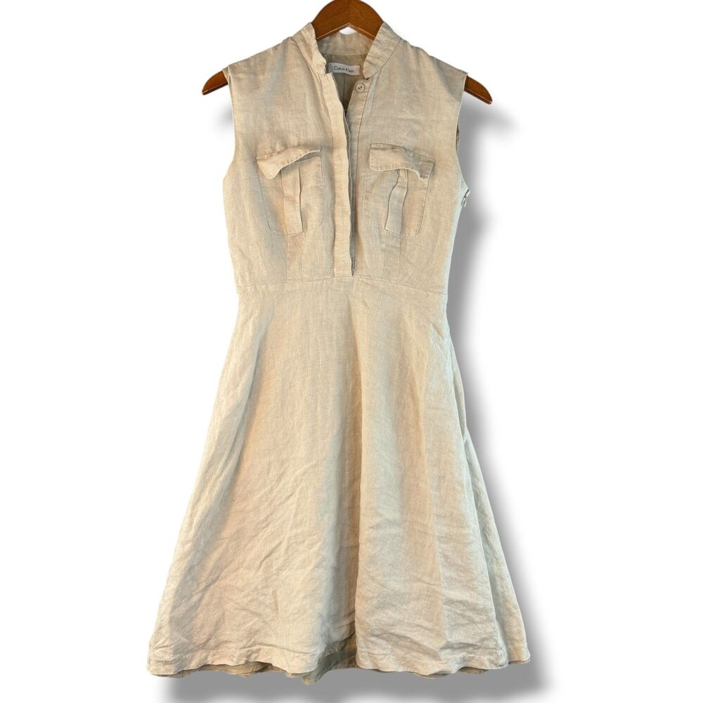 Calvin Klein Midi 100% Linen Collared Safari Dress Lagenlook Boho Size 2/4